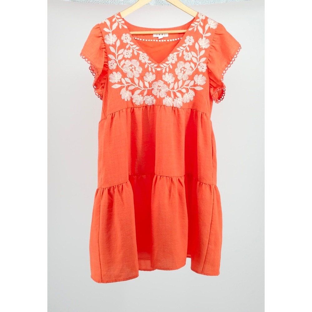 THML Orange Embroidered V-Neck Mini Dress